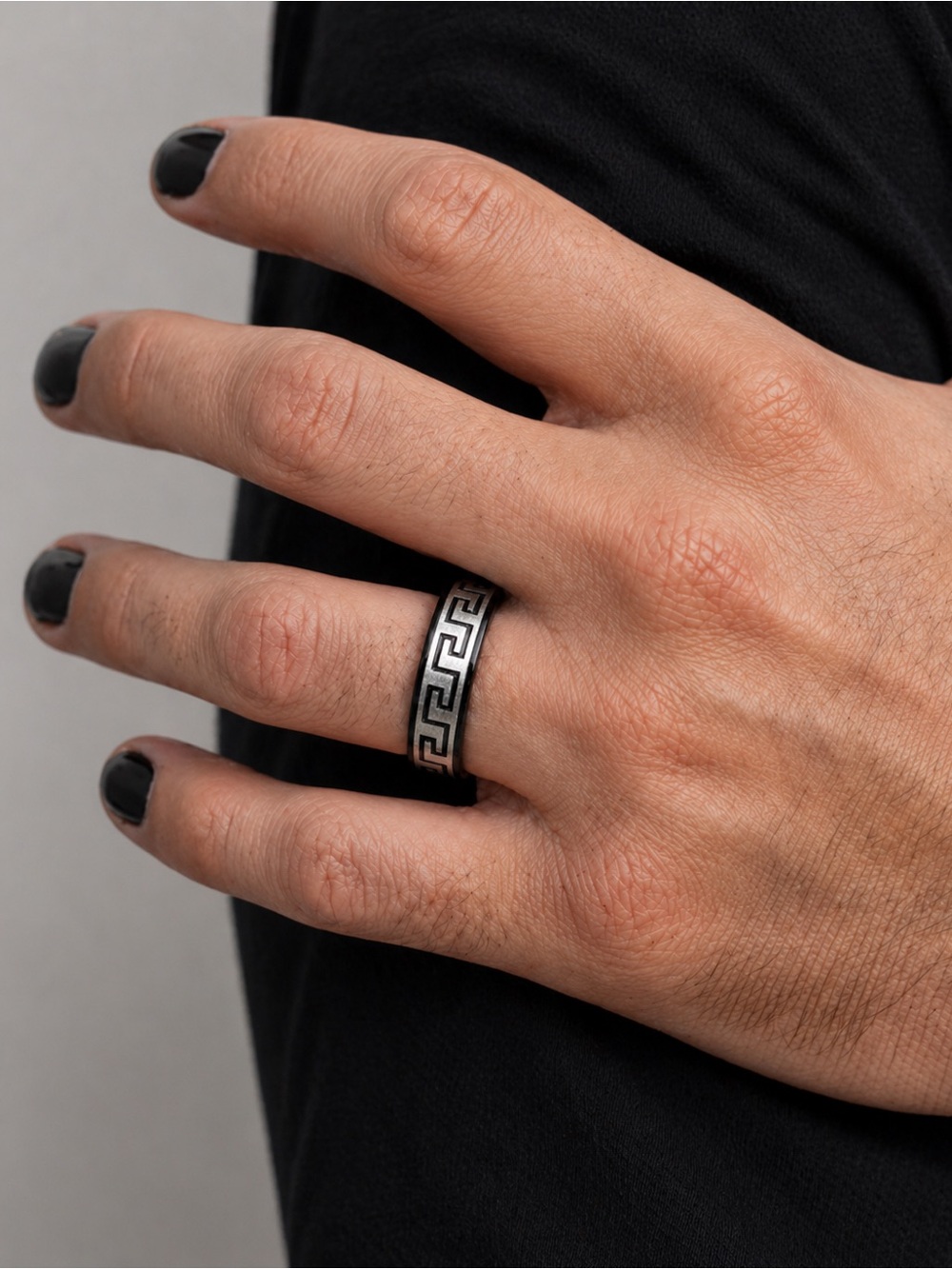 Men’s Stainless Steel Greek Key Pattern Ring - Black & Silver